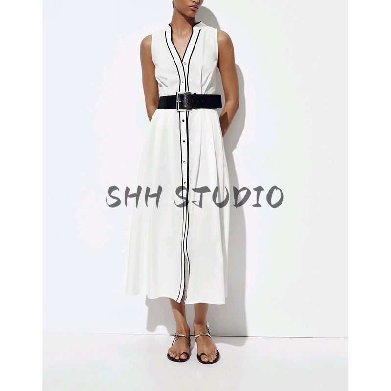 Summer Women's Clothing Loose with Belt Round Neck Contrast Color Trim Poplin Sleeveless Midi Skirt Dress 0387081