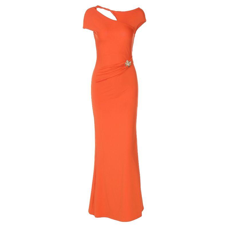 European and American High Sense Solid Sloping Shoulder Short Sleeve Dress 2025 Summer New Pleat Slimming Socialite Fishtail Long Dress