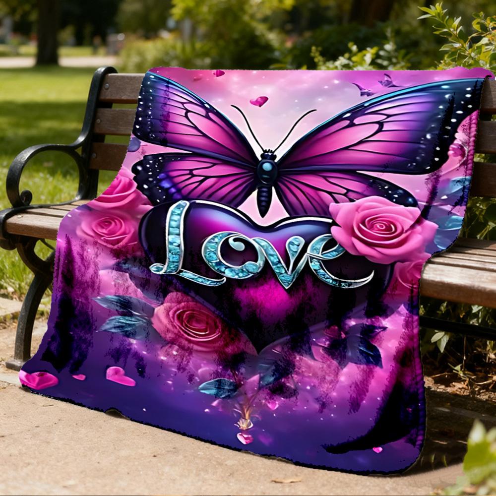 1pc Butterfly Love Heart Roses Throw Blanket Polyester Fiber, Lightweight Flannel, Soft & Warm, All Season Use for Outdoor, Camping