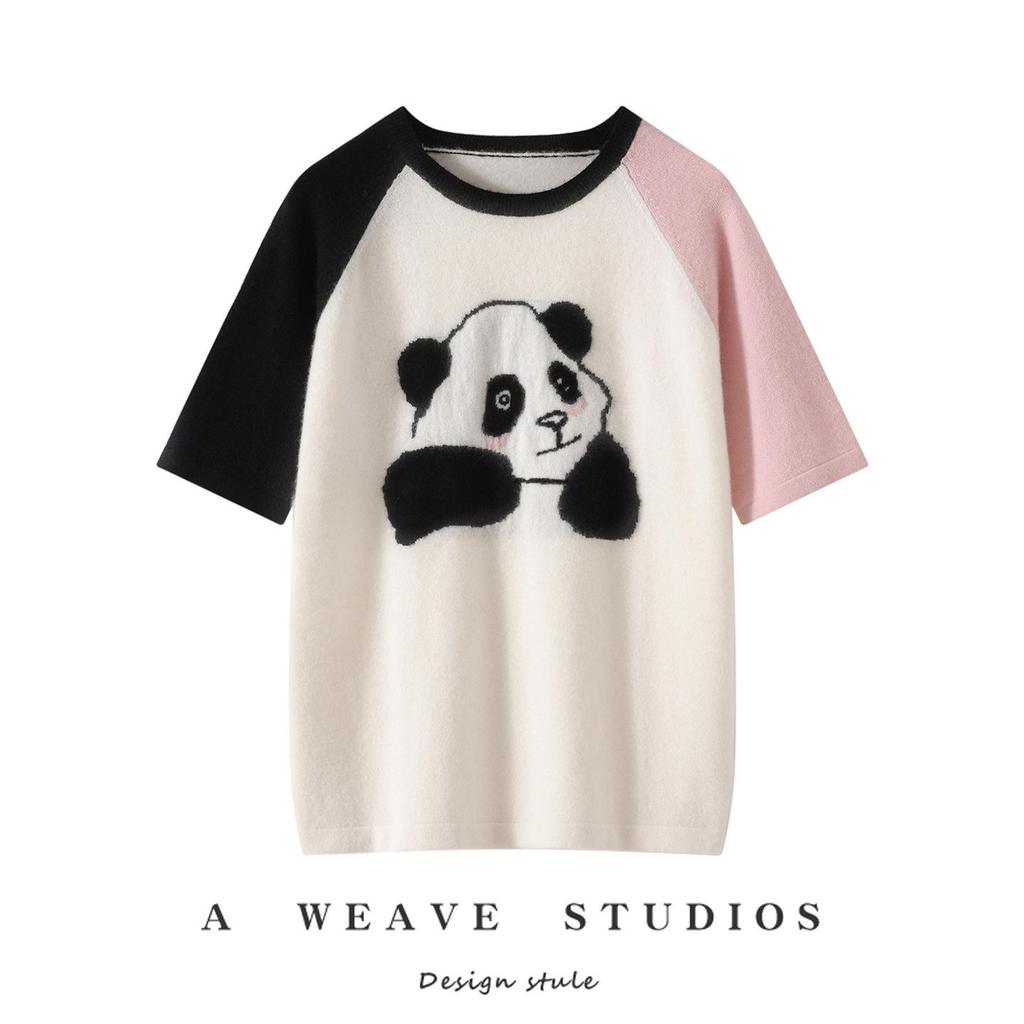 Panda Raglan Sleeve Knit Patchwork T-shirt - Trendy Loose Fit