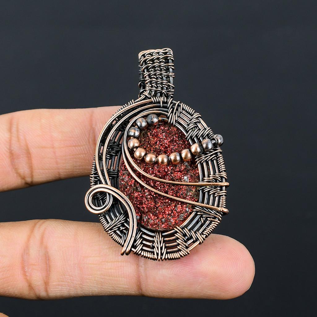 Natural Red Titanium Druzy Gemstone Handmade Copper Wire Wrap Pendant 2.36" v9C80