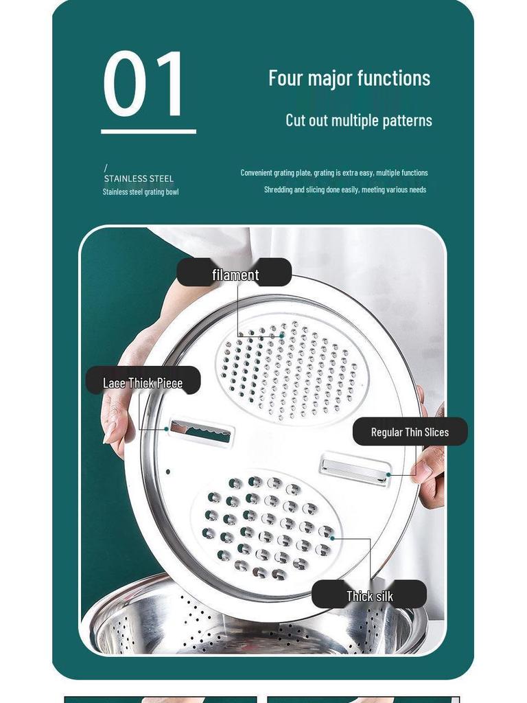 Stainless Steel 3-Piece Vegetable Cutter & Grater Set with Multifunctional Wash and Drain Basin