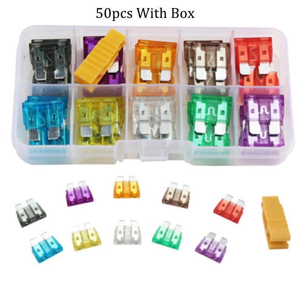 50PCS/Lot Car Fuses 2A 3A 5A 7.5A 10A 15A 20A 25A 30A 35A Amp with Box Clip Assortment Auto Blade Type Fuse Set Truck