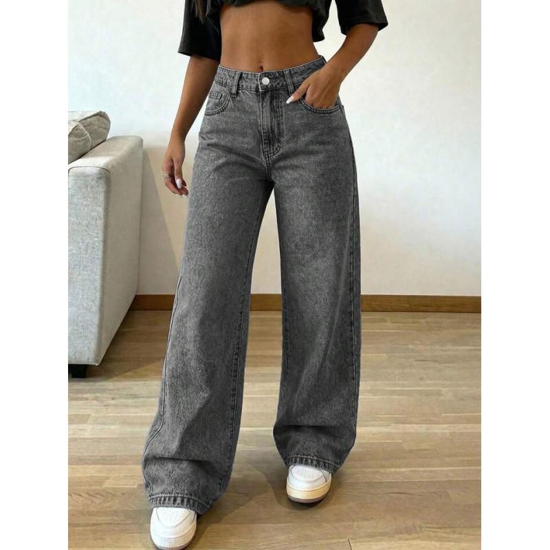 2026 High-Waisted Wide-Leg Straight Cut Distressed Denim Jeans Women Loose Fit Long Trousers