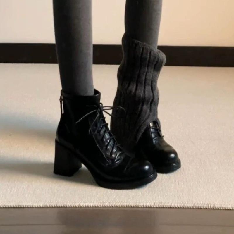 Women's Western Block Heel Leather Shoes Fall New Round Toe Lace-Up Rear Zip Anti-Slip Booties