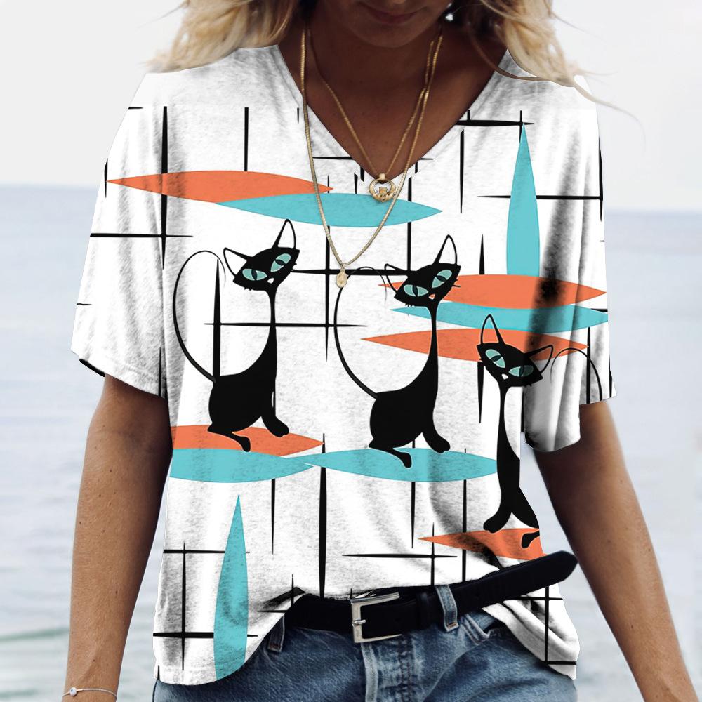 Summer V-neck 3D Cat Printed Top Fashionable Casual Short Sleeved Women's T-shirts