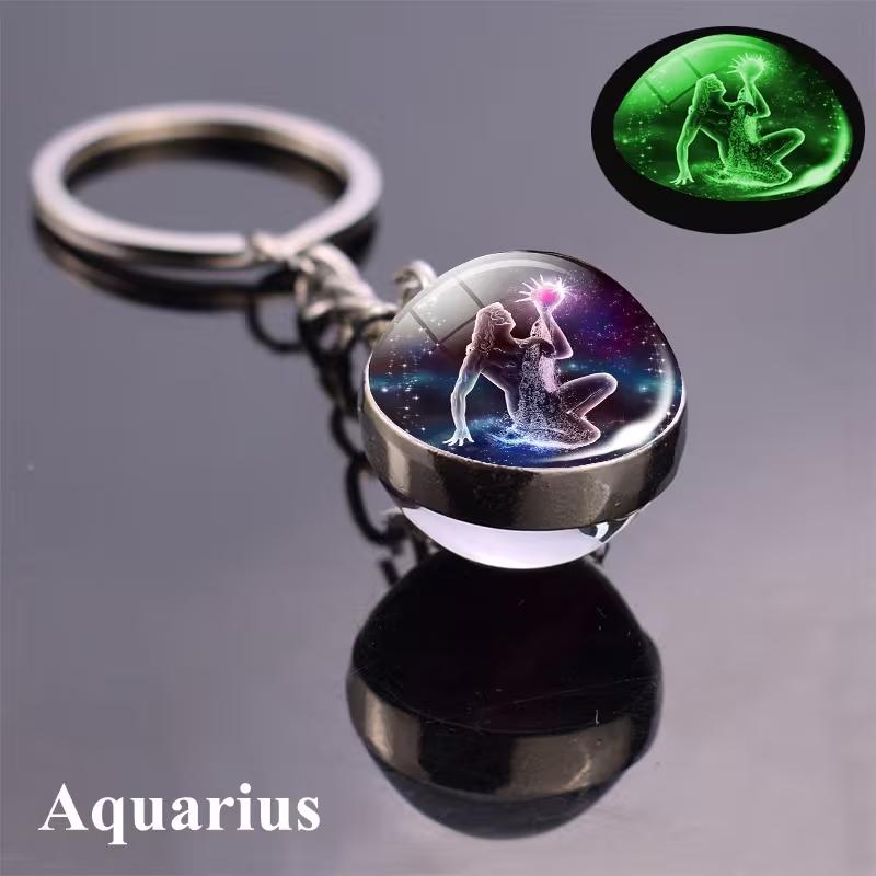 12 Constellations Glass Ball Keychain Zodiac Pendant Key Ring for Women Men
