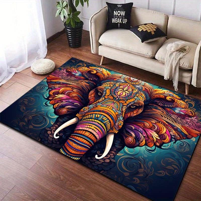Colorful Elephant Rug for Outdoor Patios | Boho Mandala Design | Weatherproof Floor Mats for Backyards Skid resistant carpet