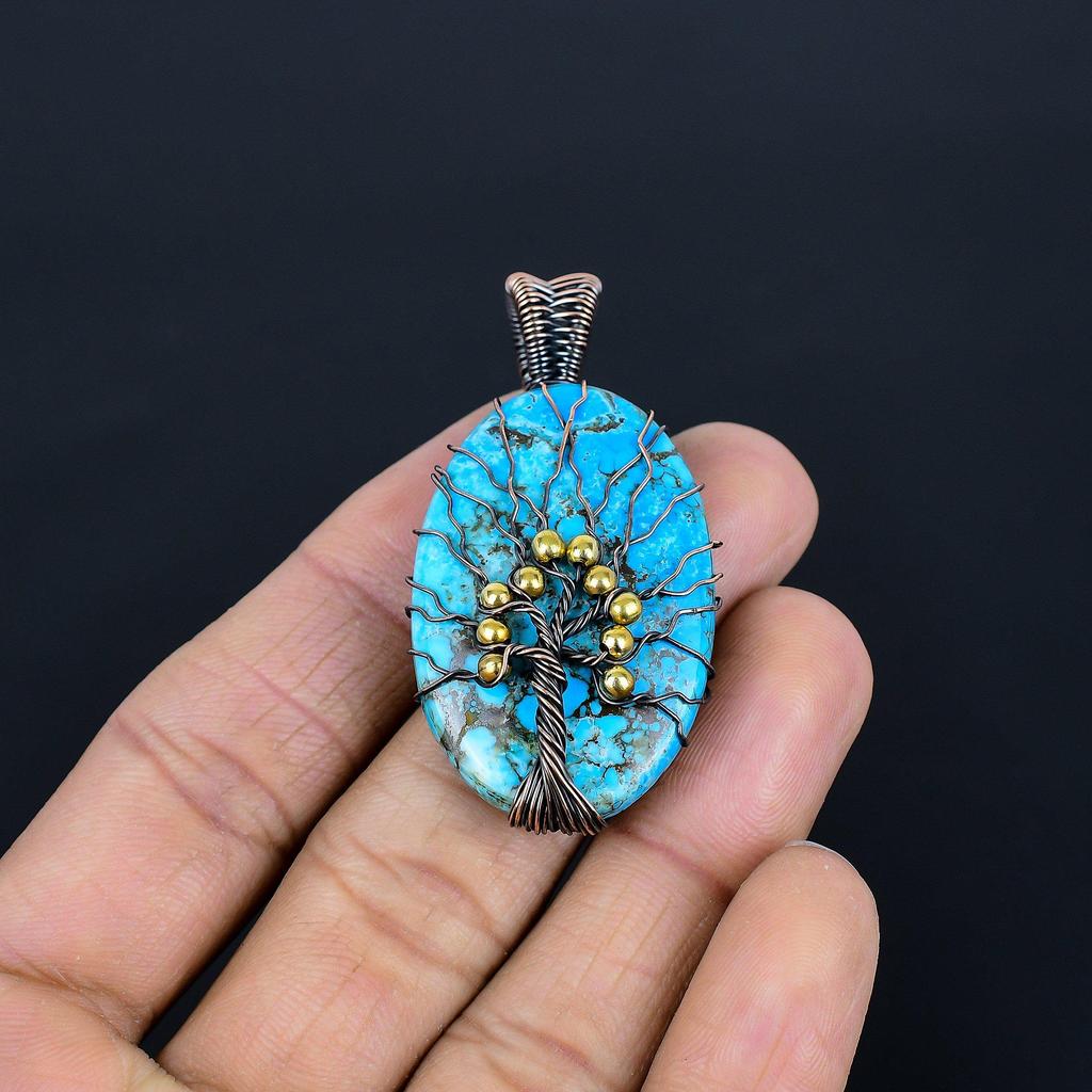 Tree Of Life Blue Turquoise Handmade Gemstone Pendant, 999 Copper Wire Wrapped Antique Jewelry Pendant, For Engagement Gift