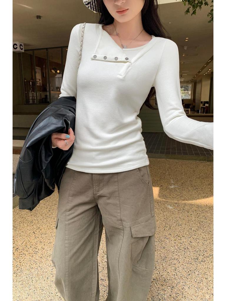 Women's Long-Sleeve Off-Shoulder Button-Up Base Layer Top - Stylish Autumn/Winter 2026 Arrival