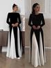 2024 Autumn/Winter Women's Retro High Waist Evening Dress - European & American Style, Color Block, Long Sleeve, Round Neck, Slimming Temperament.