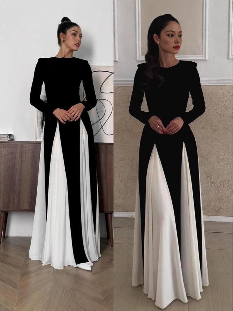 2024 Autumn/Winter Women's Retro High Waist Evening Dress - European & American Style, Color Block, Long Sleeve, Round Neck, Slimming Temperament.