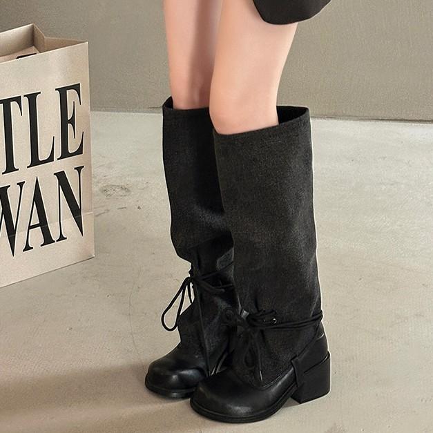 Fashion temperament High sense straps Skinny boots Women's 2025 Autumn and winter stitching thick heel high heel boots Knight boots