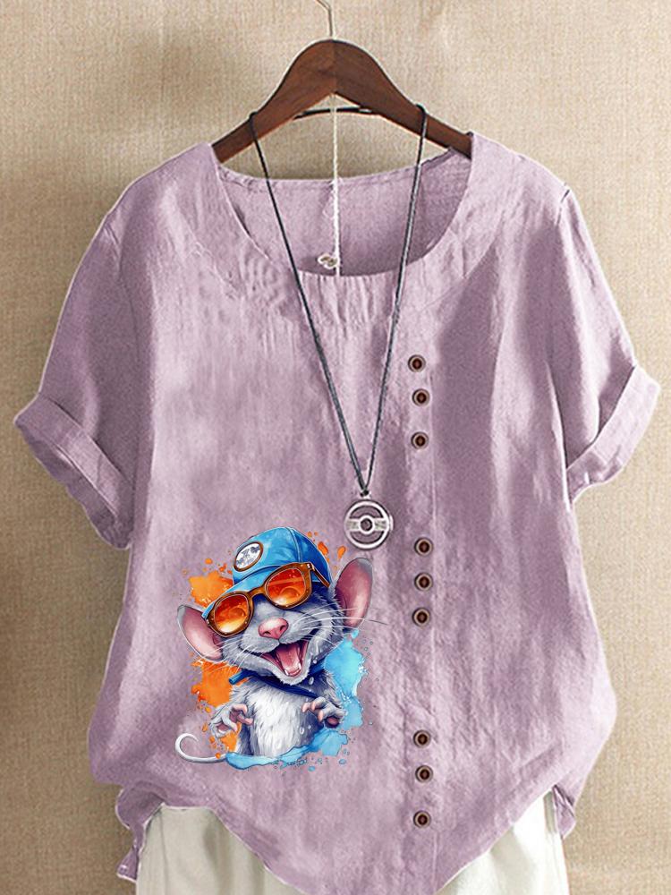 Women's Fashion Colorful Mouse Print Round Neck Short Sleeve T-shirt Casual Cotton Linen Graphic Shirt Leisure Loose Summer Blouse Tops