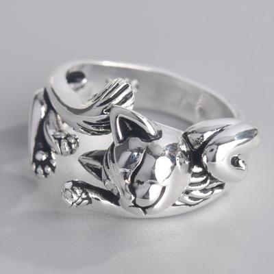 Moda retrô requintado tailandês prata gatinho totem abertura anel ajustável joias noivado casamento presente anéis para mulheres