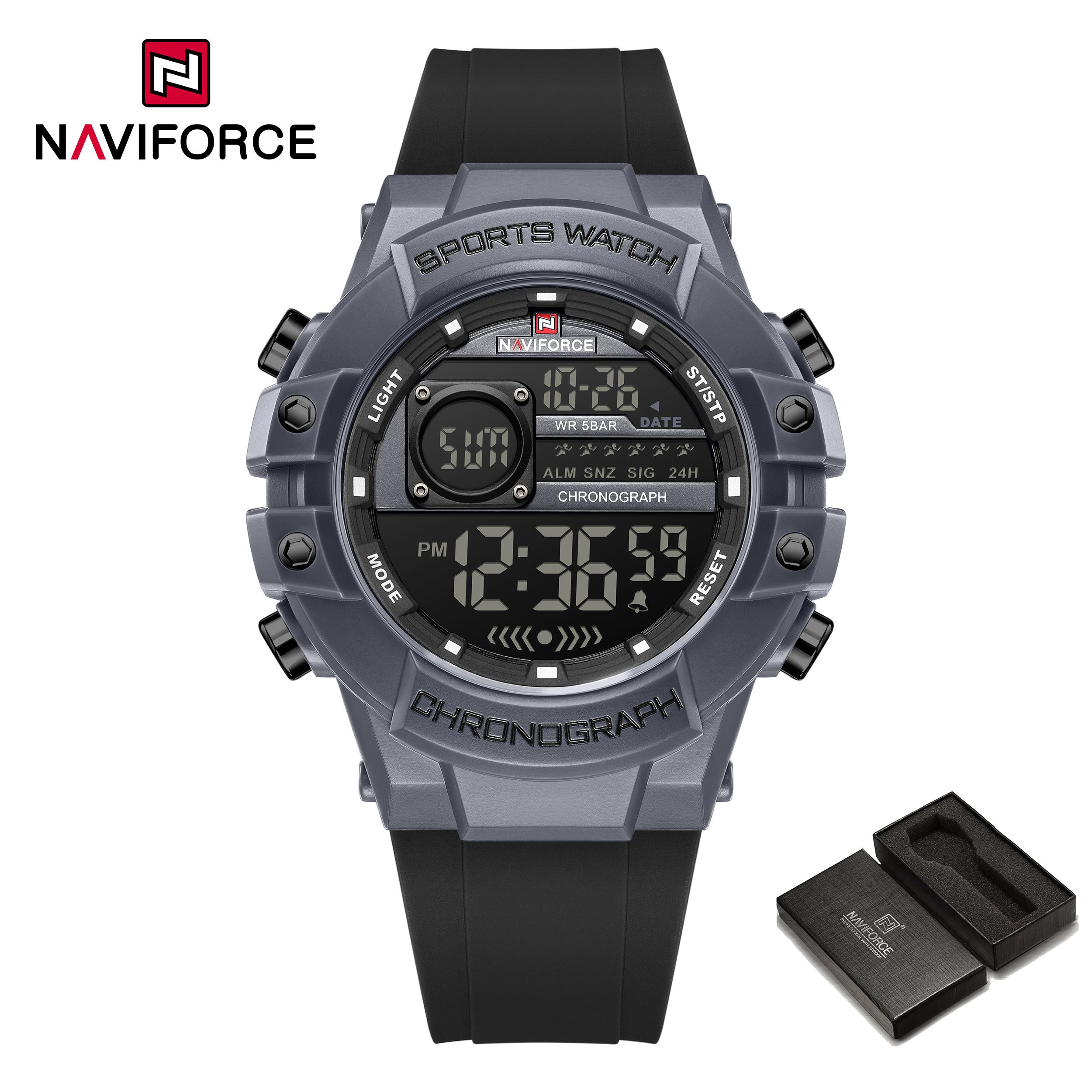 

Спортивний цифровий годинник NAVIFORCE для чоловіків хлопчиків Хронограф Календар Дата Будильник Водонепроникний 50 м Нічний візерунок Чоловічий повсякденний годинник NF6102 сірий колір