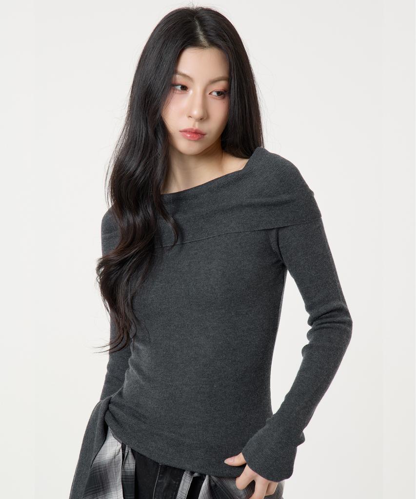 UNKNOWN PLANET Side Tie Off-Shoulder Long Sleeve Knit Top Charcoal
