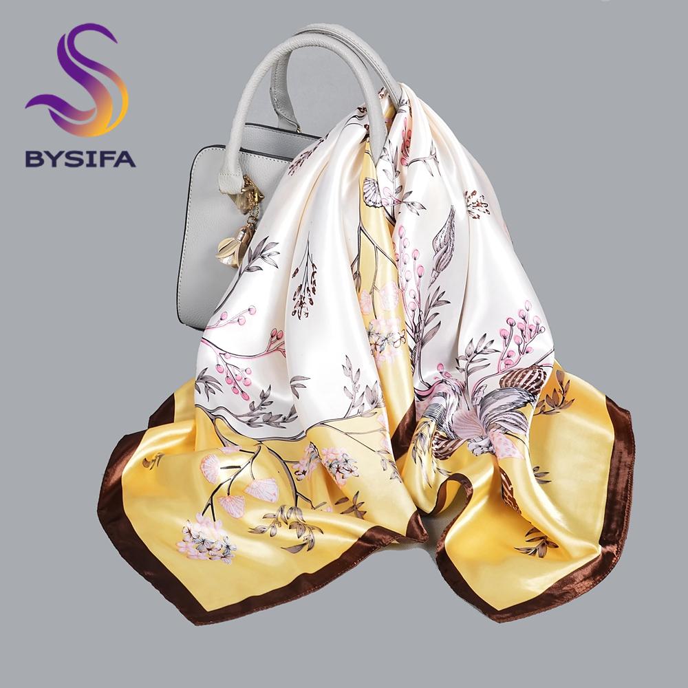 BYSIFA| Blue Floral Silk Scarf Hijab Ladies Fashion Sweet Square Spring Summer Scarves Fouldard Fall Winter Square Satin Scarves
