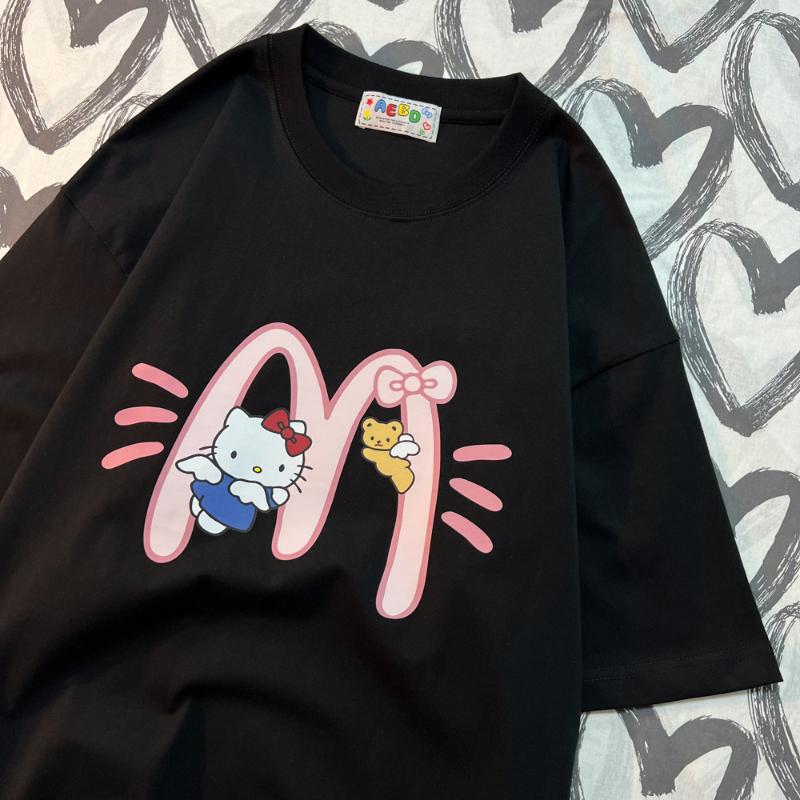 MINISO Hello Kitty Printed Women men 2025 new Tshirt Cotton Cartoon Shortsleeved Loose Top Personalized Hotselling Clothing S