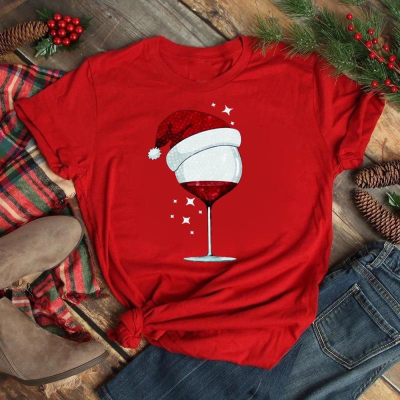 Polyester  100% New Christmas Happy Christmas Tree Santa Claus Casual and Fashionable Round-neck Short-sleeved Women's Base Tops
