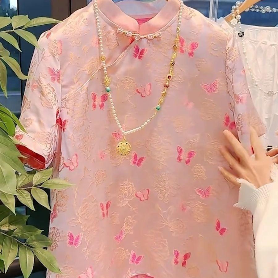 

Розовая рубашка с воротником-стойкой, универсальная, с коротким рукавом, женская, лето 2025, летний верхний слой M [Recommended below 50kg]