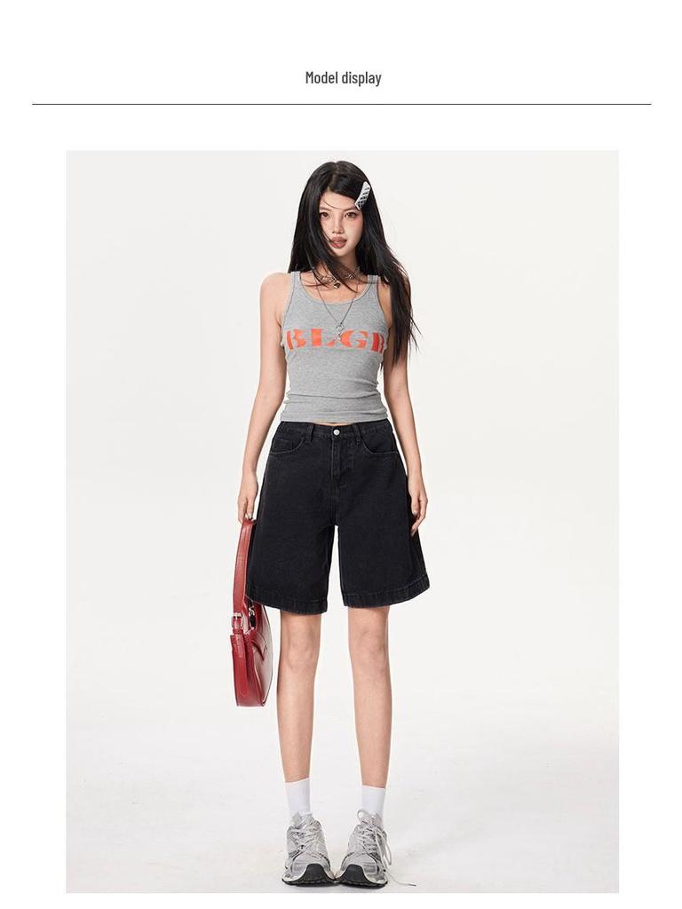 Retro Spicy Girl Elastic Waist Five-Point Denim Shorts – Women's Summer Mid-Length Wide-Leg Pants