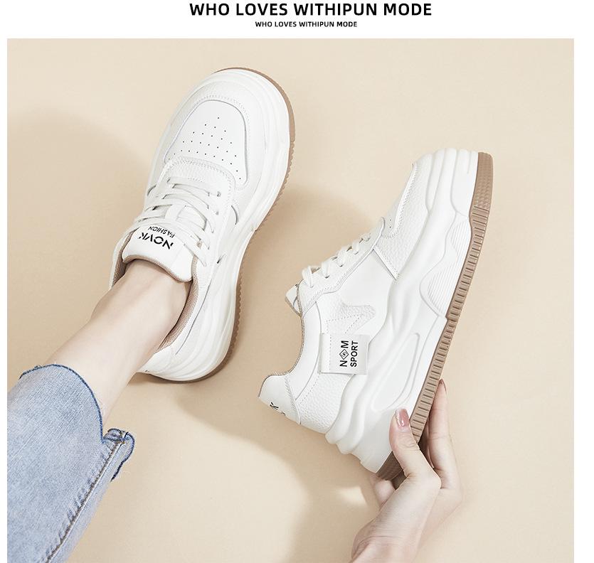 2024 Women's White Genuine Leather Height-Increasing Round Toe Casual Sneakers