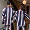 Couple pajamas ice silk women's spring and autumn long-sleeved striped cartoon thin loungewear men's silk suit