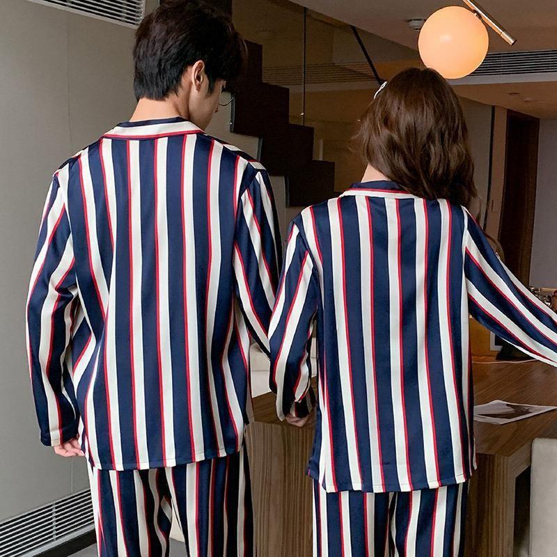 Couple pajamas ice silk women's spring and autumn long-sleeved striped cartoon thin loungewear men's silk suit