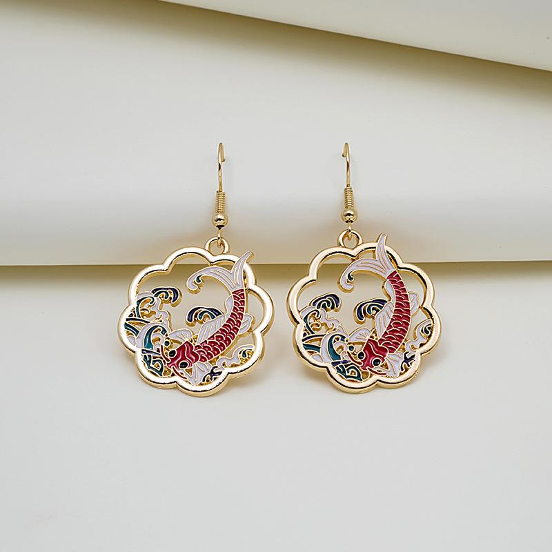 Chinese Style Guochao Koi Sika Deer Moon Rabbit Creative Color Design Cute Multi-Cartoon Ear Hook Series Earrings
