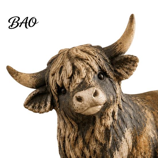 Handmade Highland Cow Gift Farmhouse Figurine, Resin Scottish Bull Statue, Rustic Home Decor Tabletop Ornament, Country Style Shelf Decor Housewarming