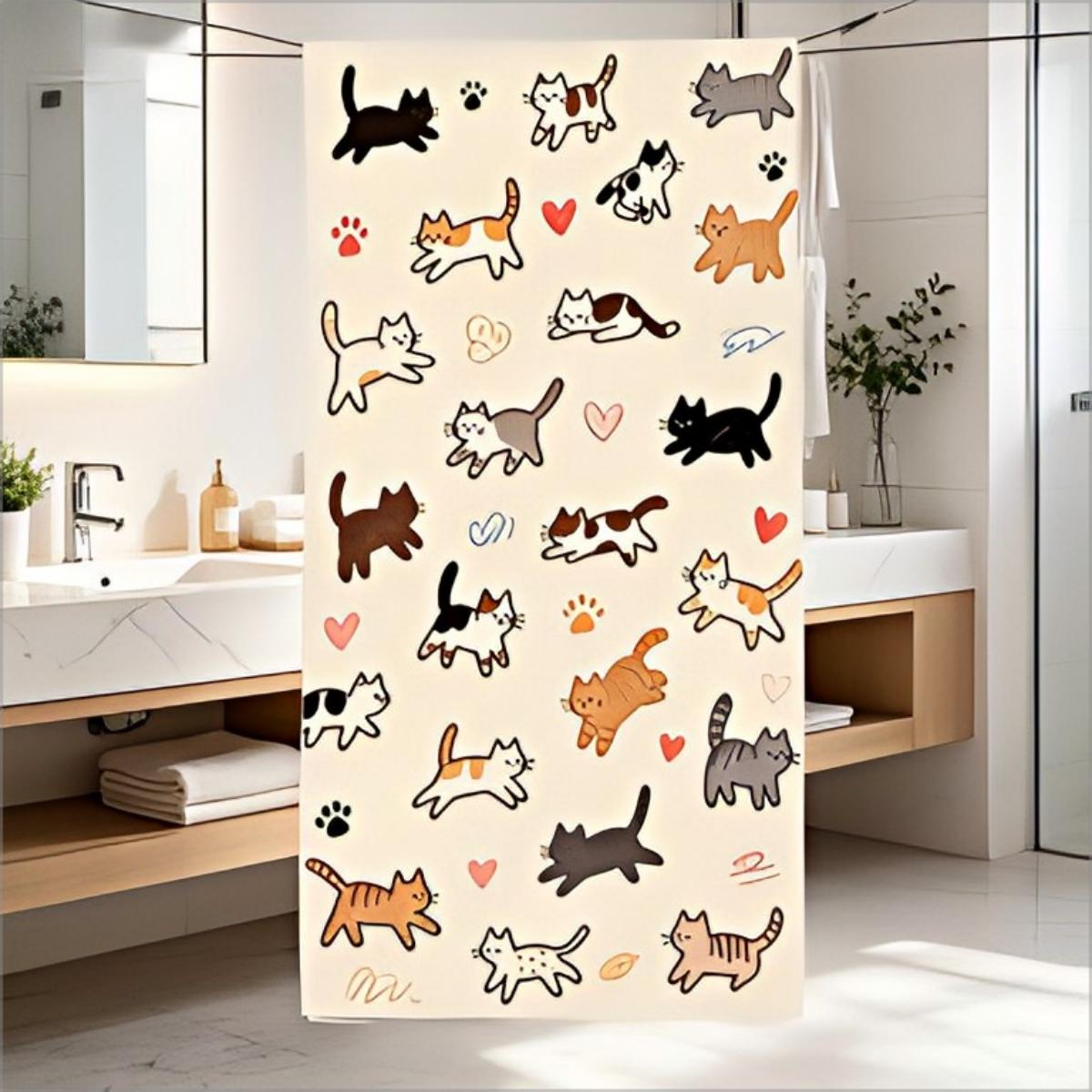 

Cute Cat Print Beach Towel Kawaii Kitty Floral Heart Quick Dry Oversized Bath Towel for Summer Pool Vacation Kids Girls Gift W40*H60(CM)