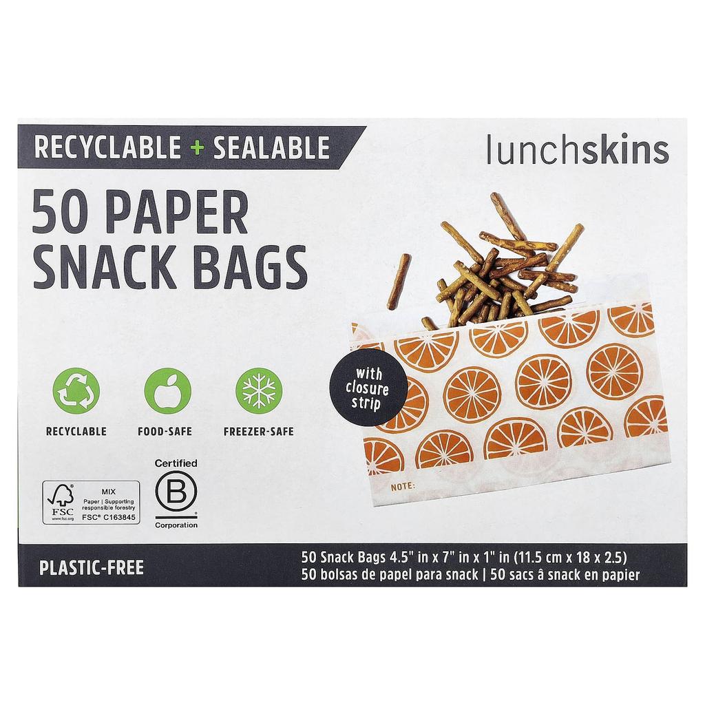 Lunchskins, Paper Snack Bags, Orange, 50 Bags