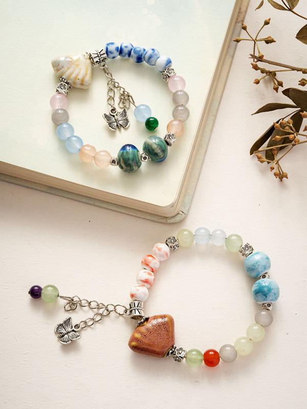 Bohemian Beaded Bracelet For Women, Vintage Natural Stone & Ceramic Shell Bracelet With Butterfly Charm, Colorful Layered Boho Jewelry For Daily& Gift