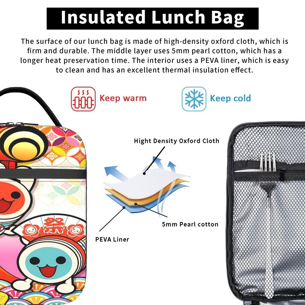 Taiko no Tatsujin Lunch Bag Office Portable Thermal Lunch Bags For Women  Oxford Graphic Design Cooler Bag