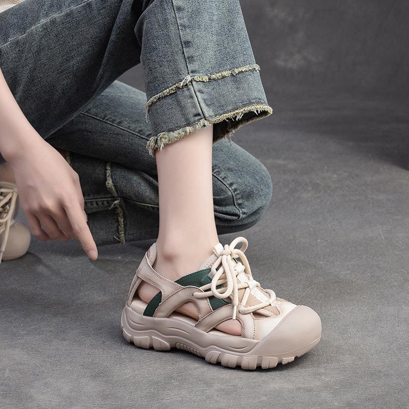 4CM Women Sandals Weave Genuine Leather Moccasins Fashion Summer Natural Platform Falts Chunky Sneakers Slip on Hollow Shoes