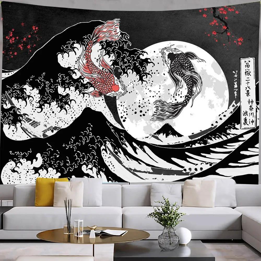 VIKAMA Japanese Wabi Sabi Tapestry Black White Koi Cherry Blossoms Fuji Boho Wall Hanging Home Office Decor 74x94cm(29x37in)