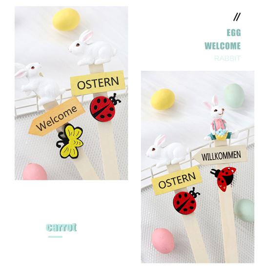 Easter Planter Stakes Wooden Porch Welcome Sign with Ladybug And Resin Bunny for Indoor Outdoor Yard Lawn Path Terrace Flower Pots Decor