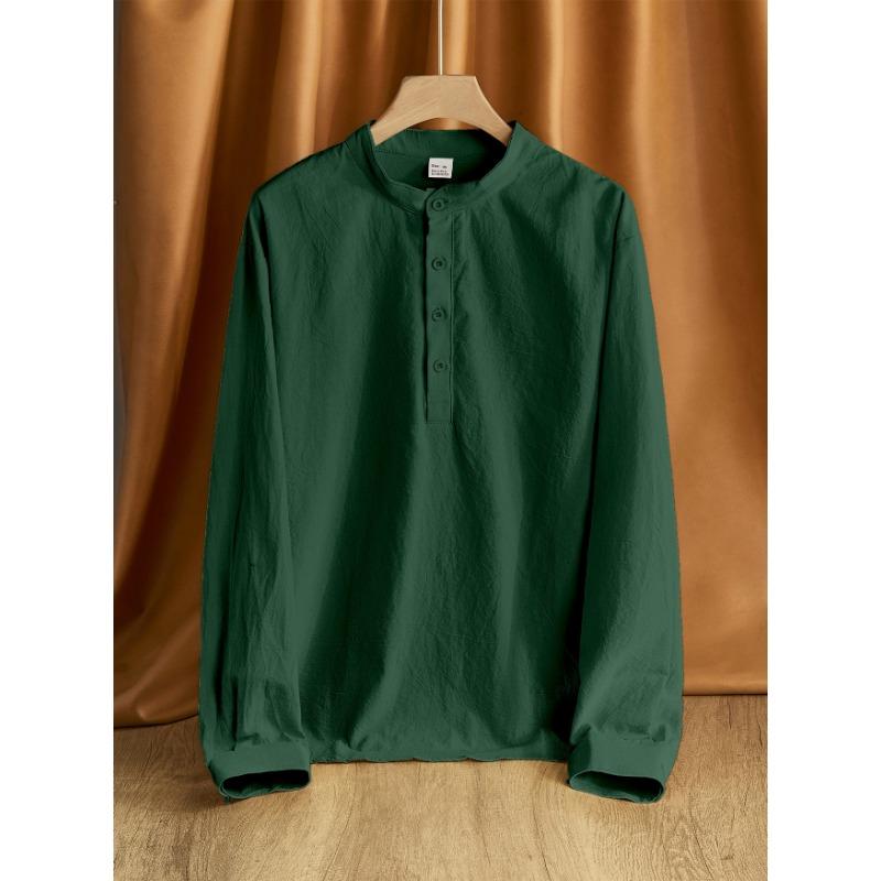 2026 Men's Loose Linen Solid Color Long Sleeve Stand Collar Top Men's Casual Shirt