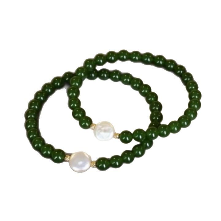 Green Chalcedony & Baroque Freshwater Pearl Adjustable Elastic Bracelet - New Chinese Style Agate Beaded Design