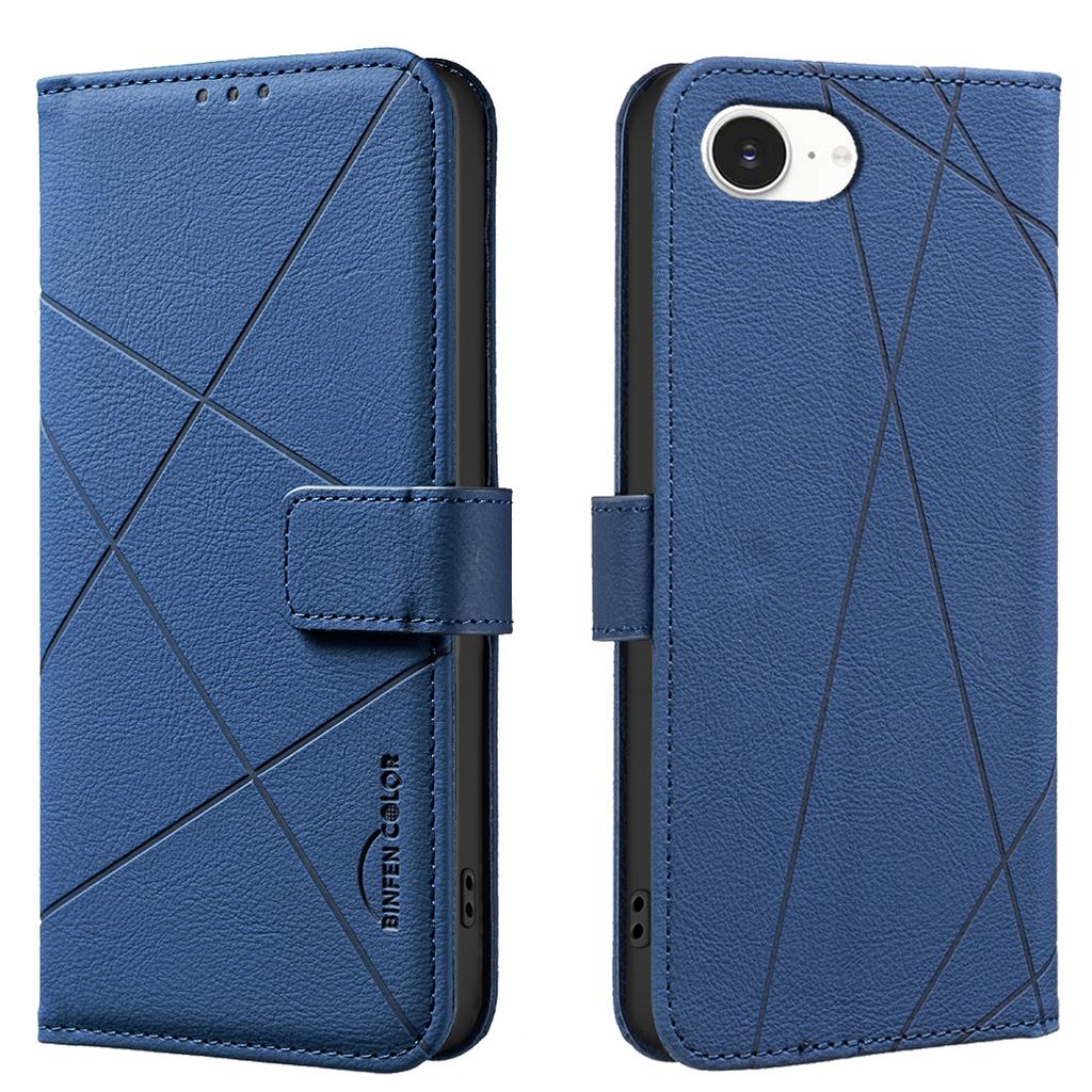For iPhone 16e Case BINFEN COLOR BF35 Geometry Imprinted Leather Phone Cover RFID Blocking Wallet Stand