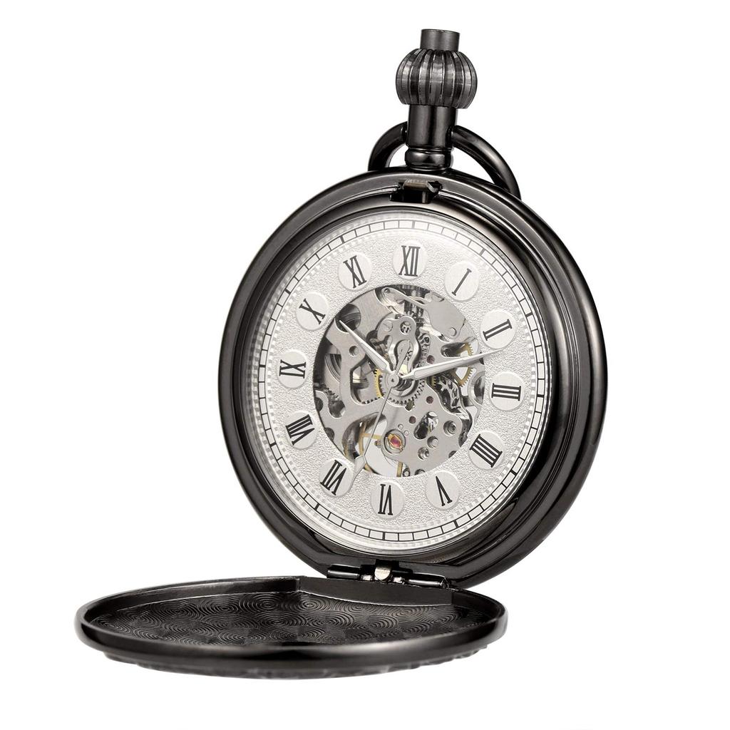TREEWETO Klassische Mechanische Taschenuhr mit Römischen Ziffern und Anhänger, Schwarze Kette,