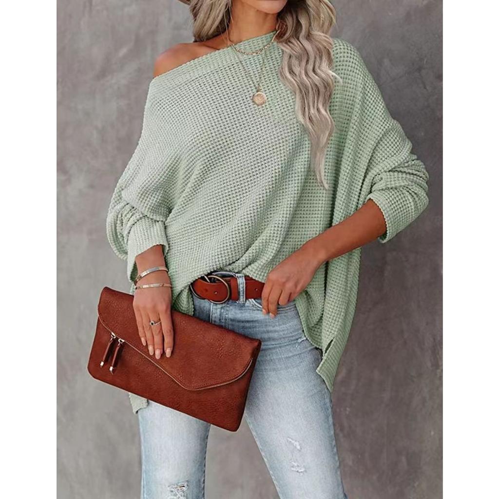 Women's Casual Off-shoulder Batwing Long Sleeve Waffle Knit Pullover Waist Cinching Sweater Top