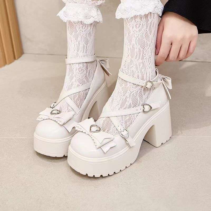 Mary Jane shoes women's autumn new thick heel lolita high heels bow small leather shoes platform heightening single shoes