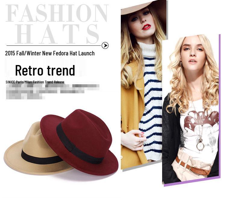 Zhen Yueqi Unisex Korean Style Jazz Fedora Hat, Wool-Blend, Wide Brim, Autumn/Winter.