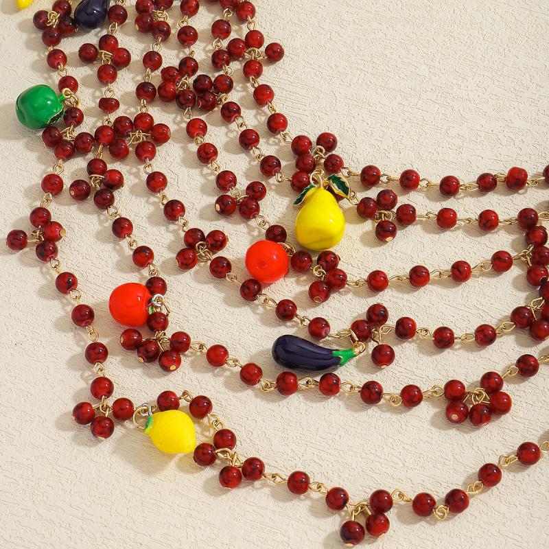 Boho Wielowarstwowy Naszyjnik z Koralików Owocowych Dla Kobiet Dziewcząt Długi Naszyjnik Chili Bakłażan Cytryna Biżuteria Prezenty