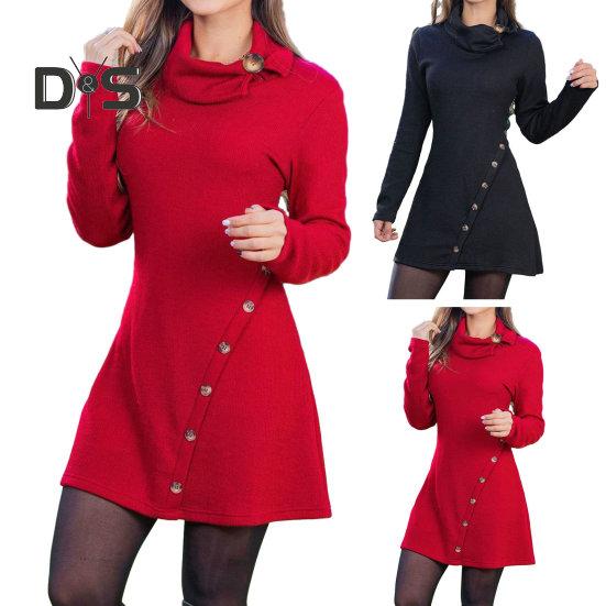 Ženy Podzim Zima Jednobarevné Minišaty Hromadný límec Dlouhý rukáv Boky Ohrnuté Knoflíky Dekor Krátké šaty Šaty s vysokým pasem Streetwear