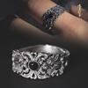 Auspicious Flower Ring Inlaid with Black Agate Silver Open Ring Ethnic Style Exquisite Men and Women