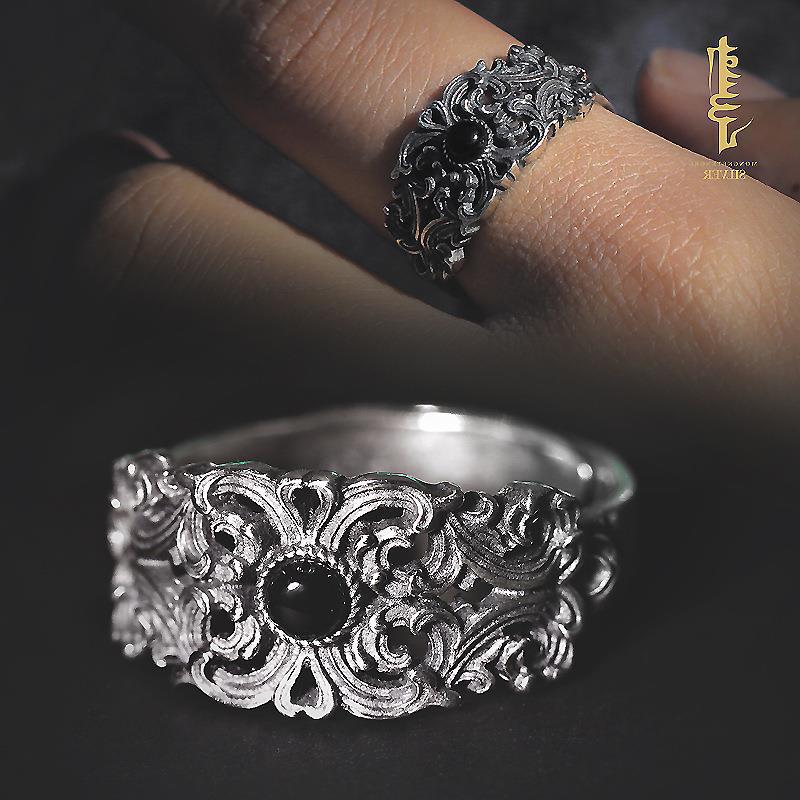 Auspicious Flower Ring Inlaid with Black Agate Silver Open Ring Ethnic Style Exquisite Men and Women