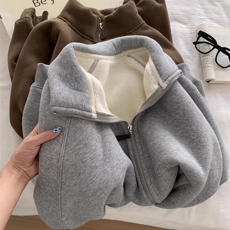 Thickened Velvet Sweatshirt Jacket Zipper Collar Warm Casual Autumn Winter Commute Women's